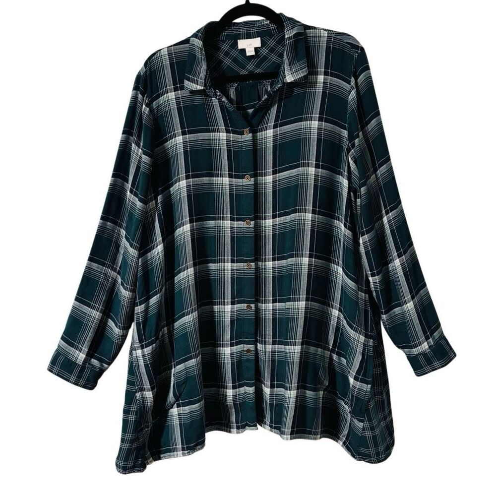 Lands End L green mixed plaid button front tunic with pockets rayon
